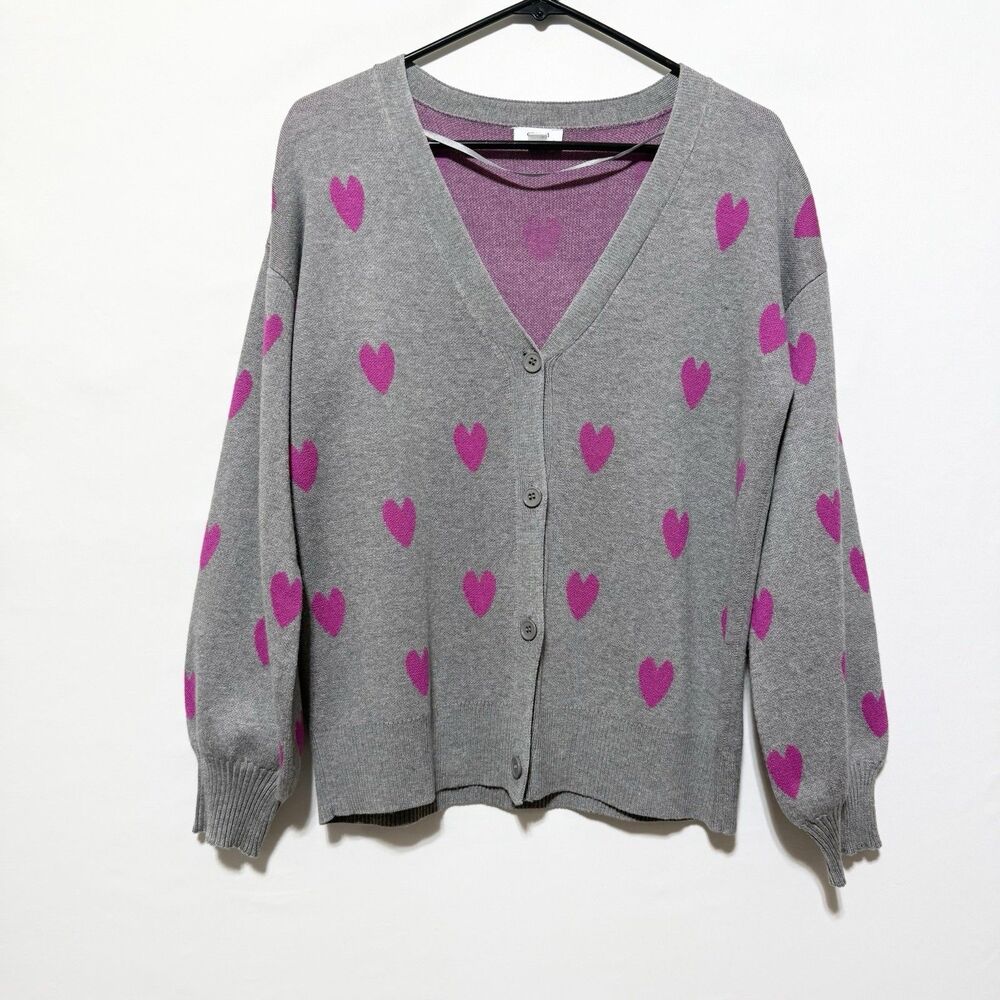 Crown & Ivy Heart Cardigan Gray Pink V Neck Button Sweater Women M